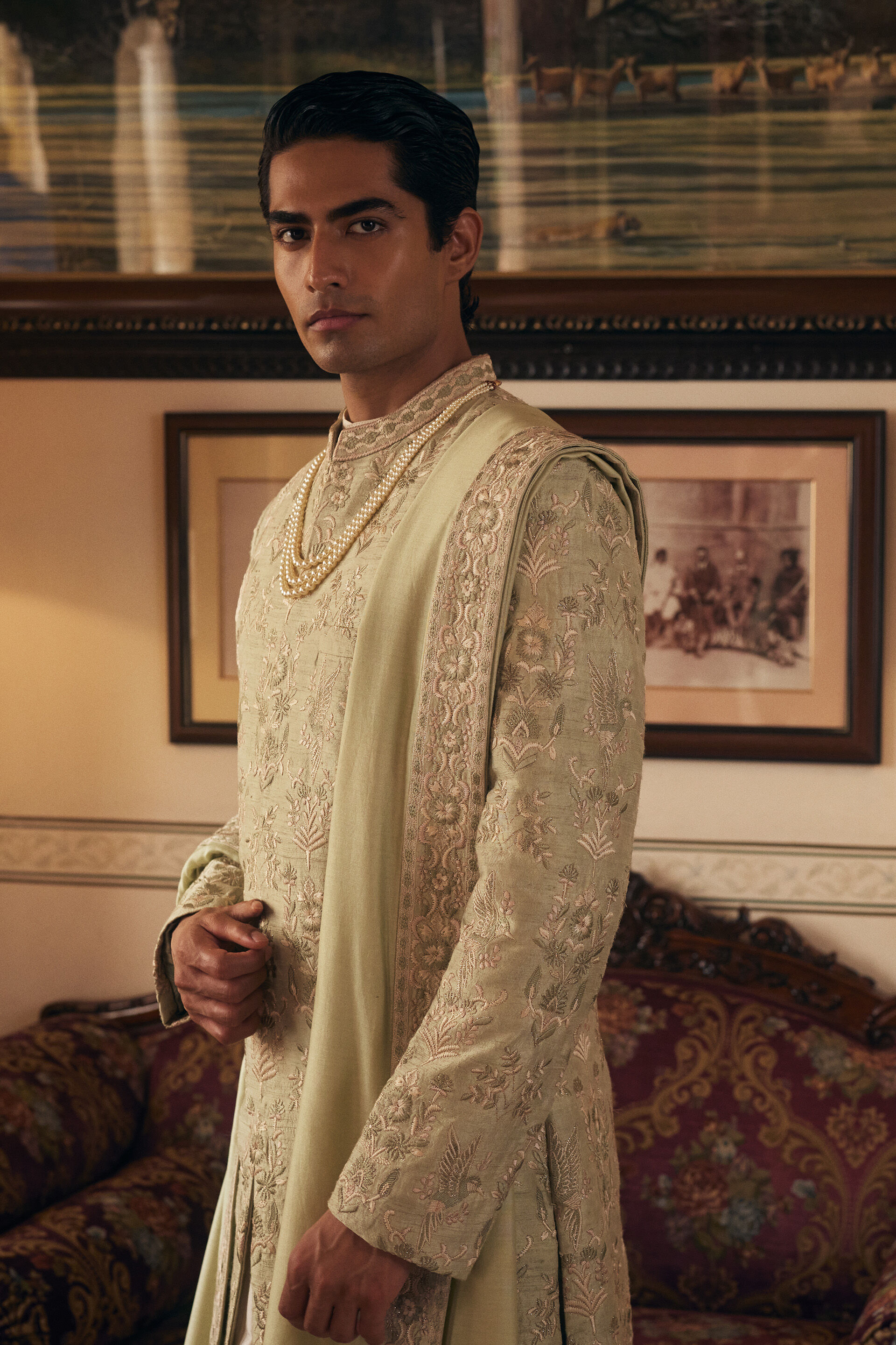 Kshiraj Embroidered Silk Sherwani - Sage, Sage, image 3